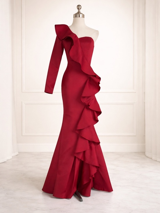 Dresses & Skirts - Strapless Maroon Ruffle Mermaid Evening Dress, Size Small